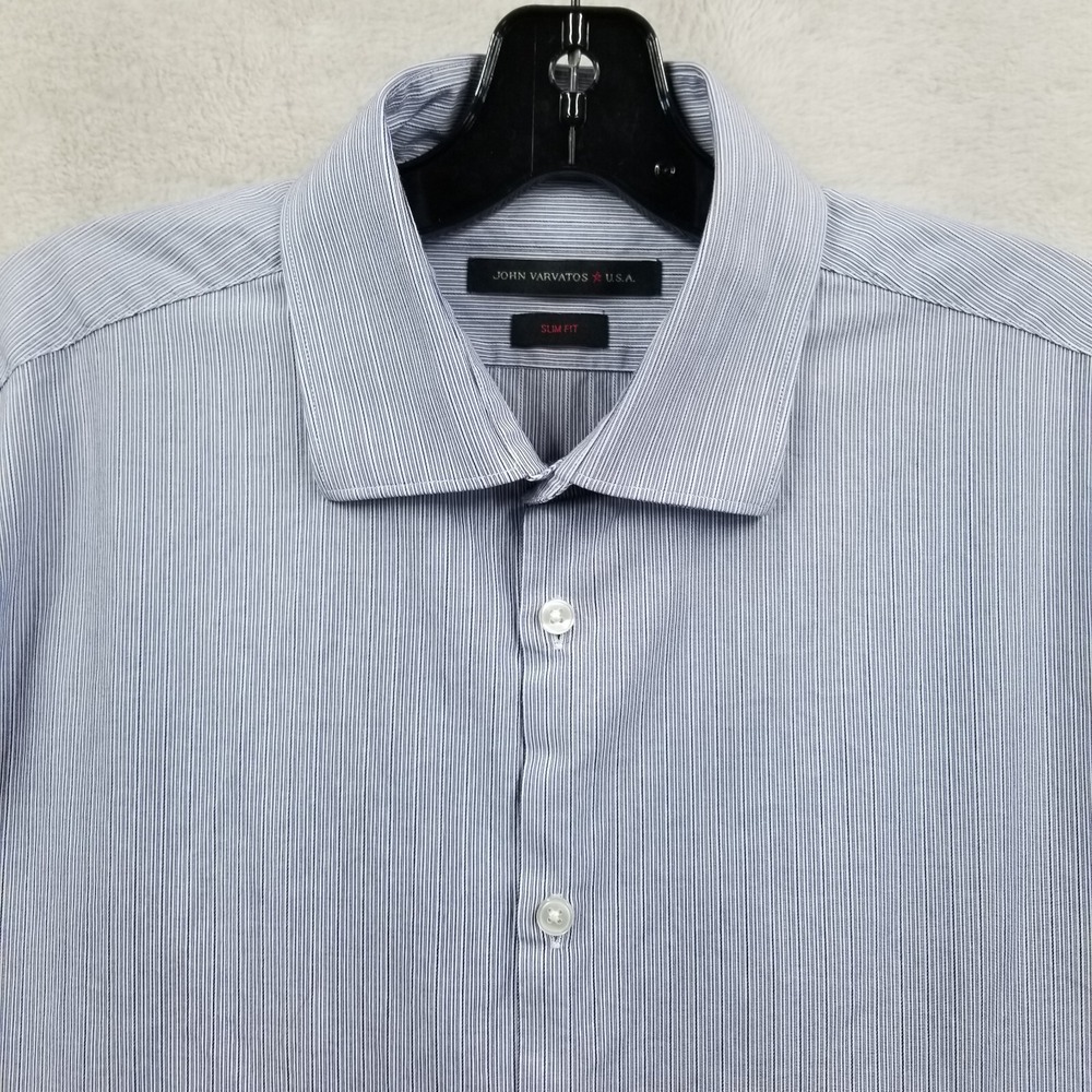 John Varvatos USA Shirt Men 16.5 Blue Micro Stripe Oxford Spread Collar Slim Fit